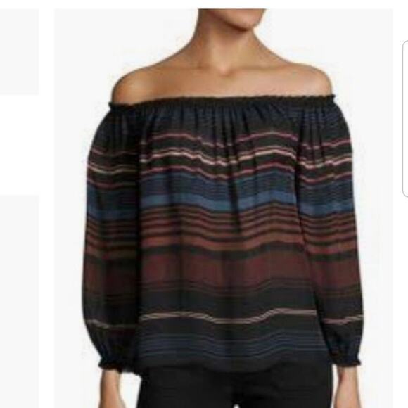 NWT Joie Black Pink Silk Striped Cropped Long Sleeve Off the Shoulder Top Sz  XS - Picture 1 of 6